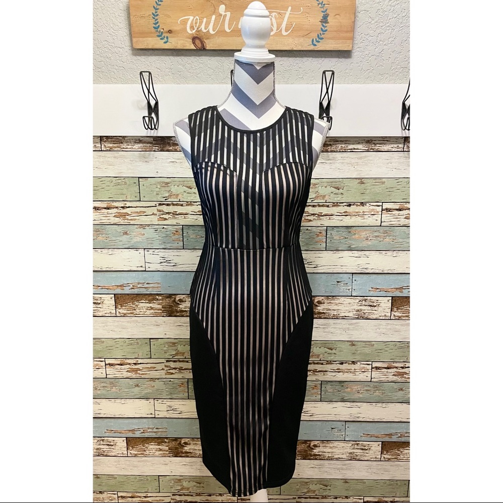 L'atiste by Amy Womens Dress Black Sleeveless Stripe Sheer Top Sheath Mini Med